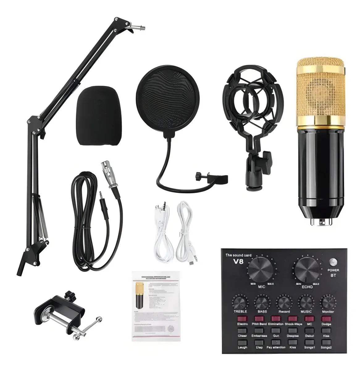 Kit Micrófono Condensador V8 + Tarjeta Sonido Externa USB Negro Para Podcast
