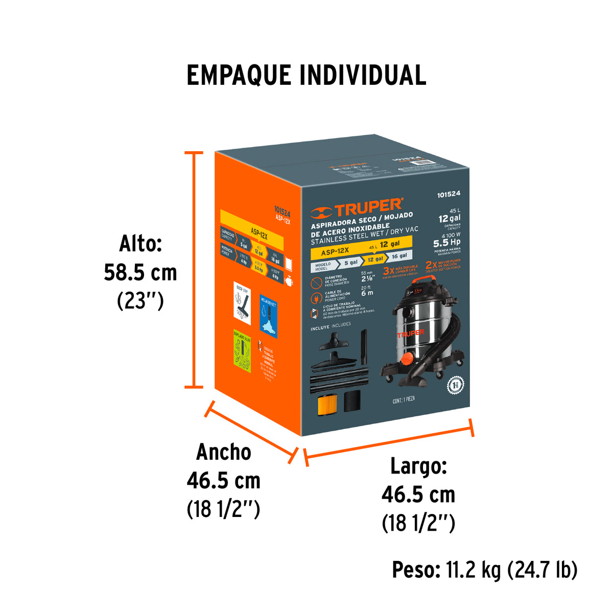Aspiradora de sólidos y líquidos, 12 gal, acero inox, TRUPER