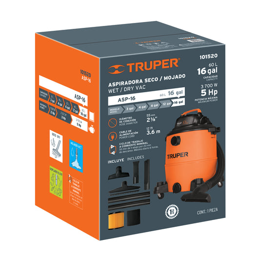 Aspiradora de sólidos y líquidos, 16 gal, plástica, TRUPER