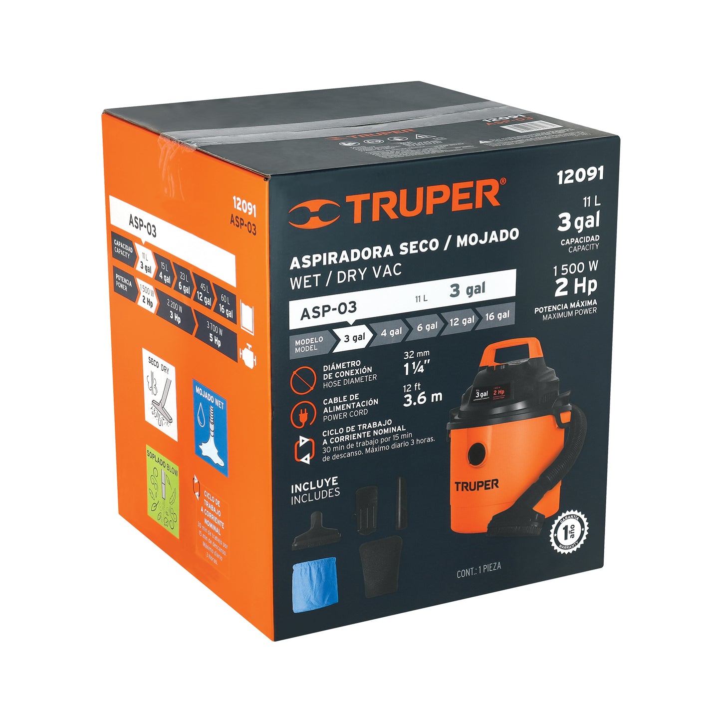 Aspiradora de sólidos y líquidos, 3 gal, plástica, TRUPER