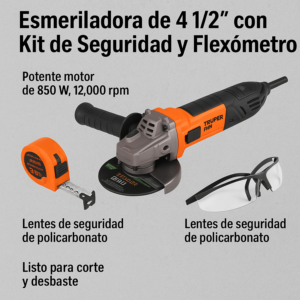 Combo esmeriladora 4-1/2", 850W,lentes y flexómetro,ERGO-PRO