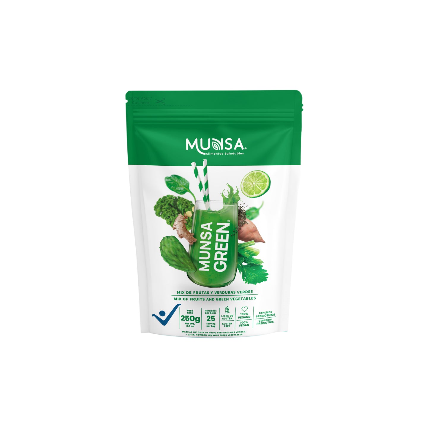Munsa Green Mix De Frutas Y Verduras Verdes 250g Con Nopal Espinaca Brócoli Jengibre Limón Superfood Vegano Prebióticos Suplemento Saludable