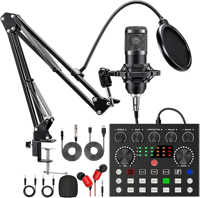 Kit Micrófono Condensador V8 + Tarjeta Sonido Externa USB Negro Para Podcast