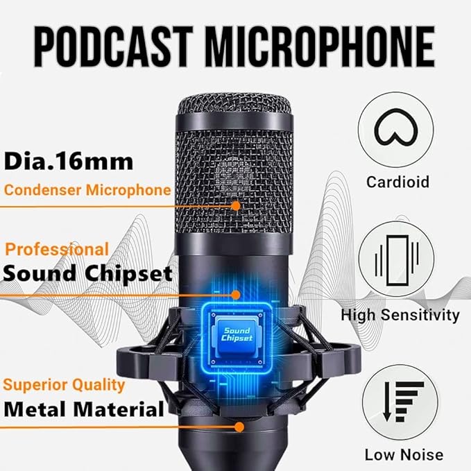 Kit Micrófono Condensador V8 + Tarjeta Sonido Externa USB Negro Para Podcast