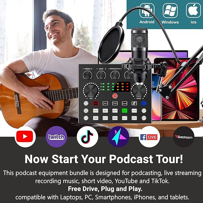 Kit Micrófono Condensador V8 + Tarjeta Sonido Externa USB Negro Para Podcast