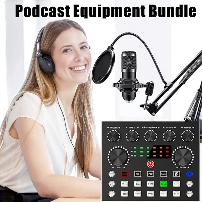 Kit Micrófono Condensador V8 + Tarjeta Sonido Externa USB Negro Para Podcast