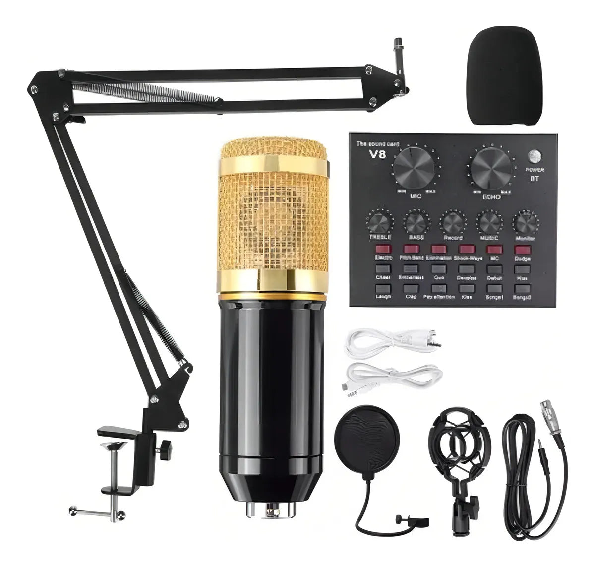 Kit Micrófono Condensador V8 + Tarjeta Sonido Externa USB Negro Para Podcast