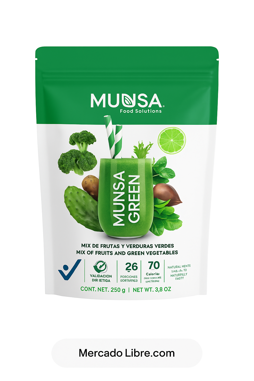 Munsa Green Mix De Frutas Y Verduras Verdes 250g Con Nopal Espinaca Brócoli Jengibre Limón Superfood Vegano Prebióticos Suplemento Saludable