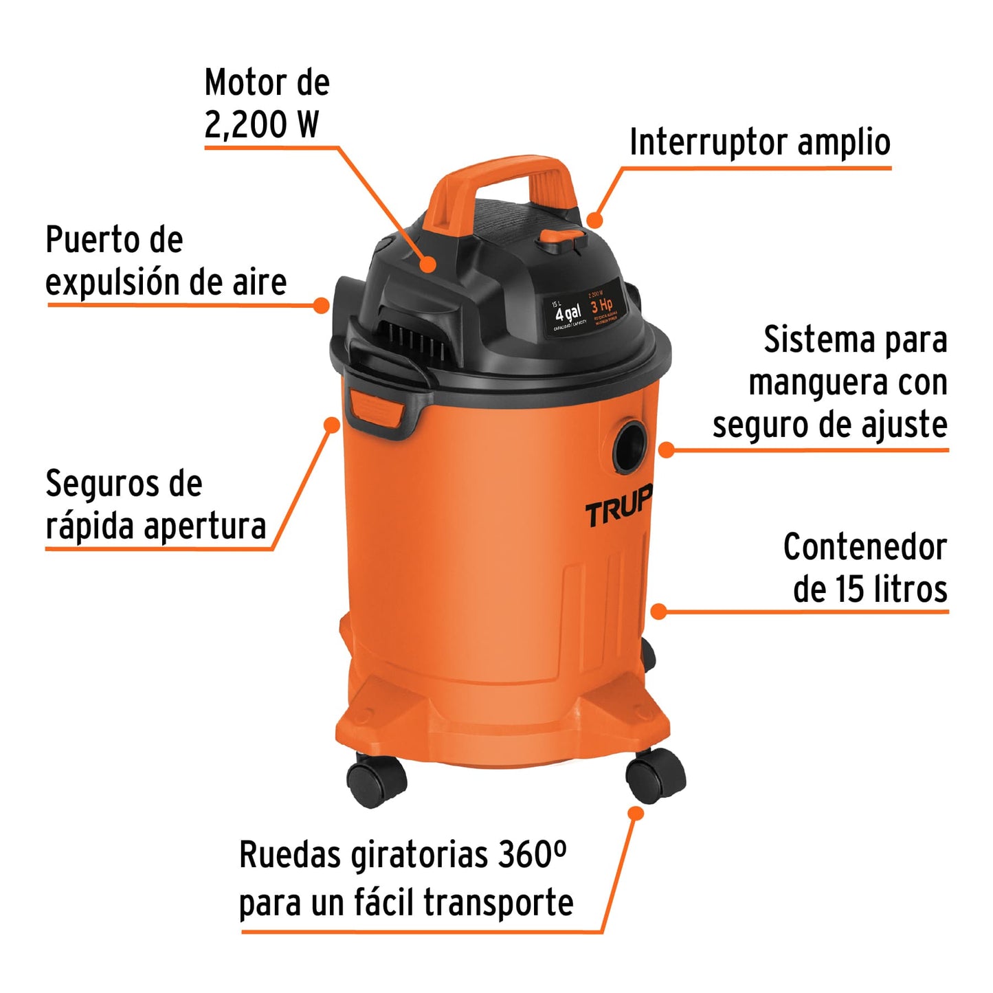 Aspiradora de sólidos y líquidos, 4 gal, plástica, TRUPER