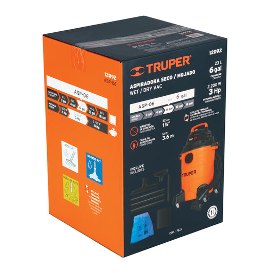 Aspiradora de sólidos y líquidos, 6 gal, plástica, TRUPER
