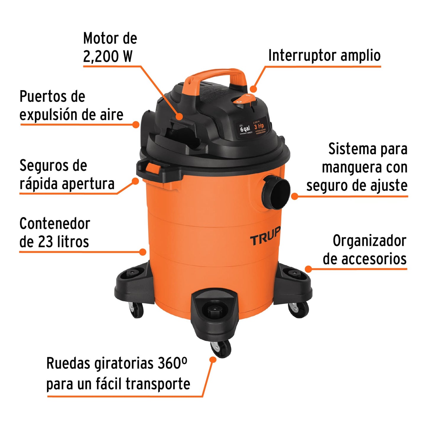 Aspiradora de sólidos y líquidos, 6 gal, plástica, TRUPER