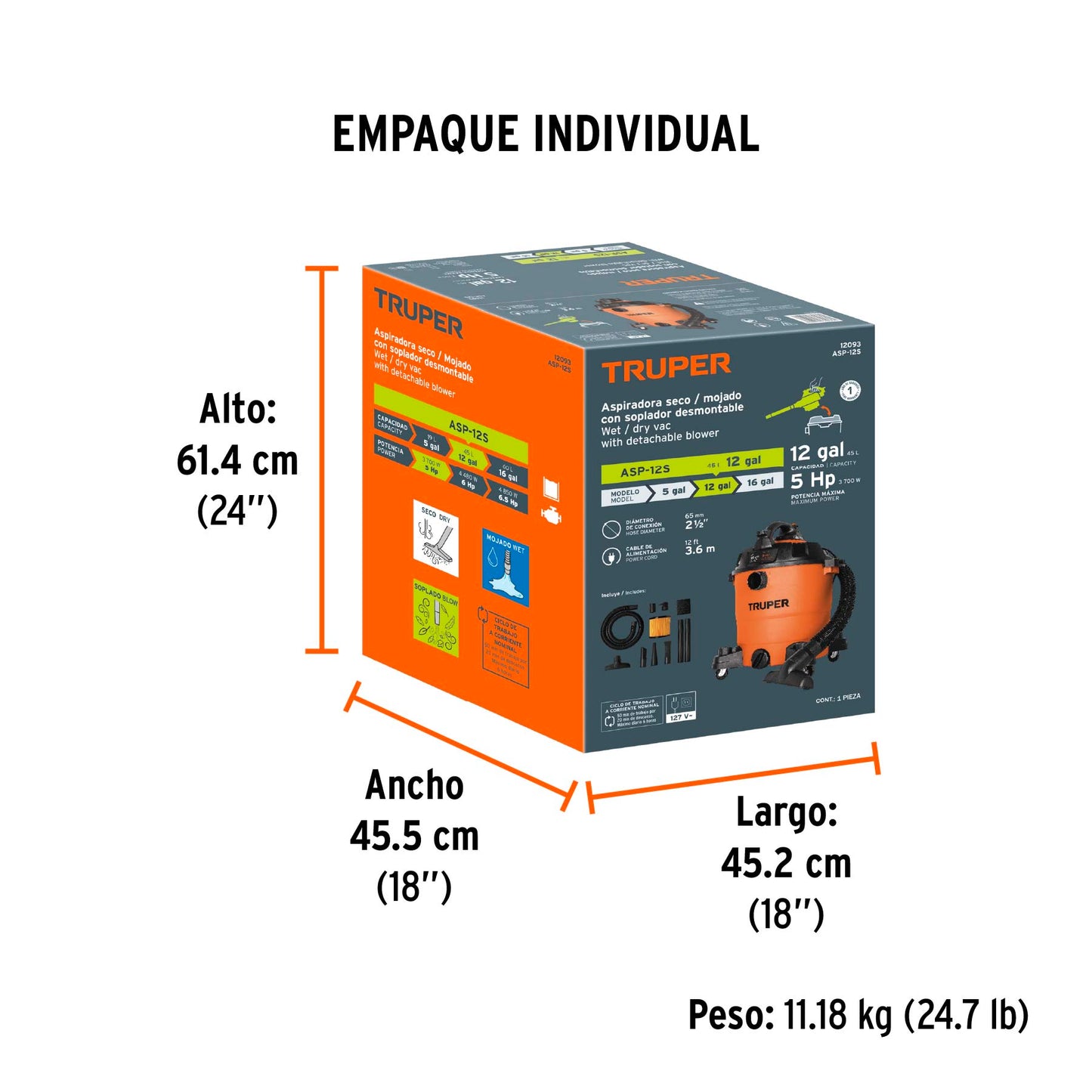 Aspiradora sólidos y líquidos, 12 gal, soplador desmontable