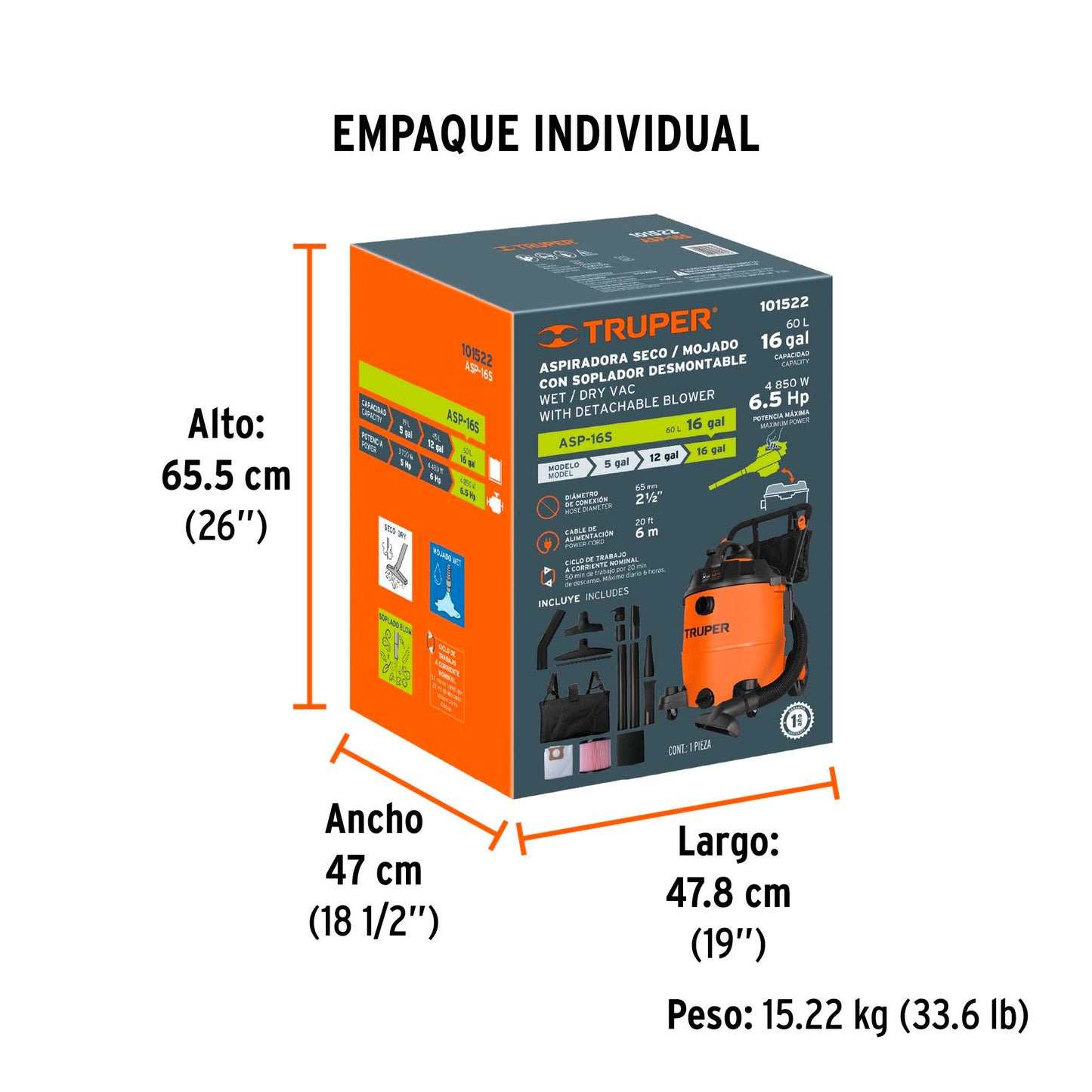 Aspiradora sólidos y líquidos, 16 gal, soplador desmontable