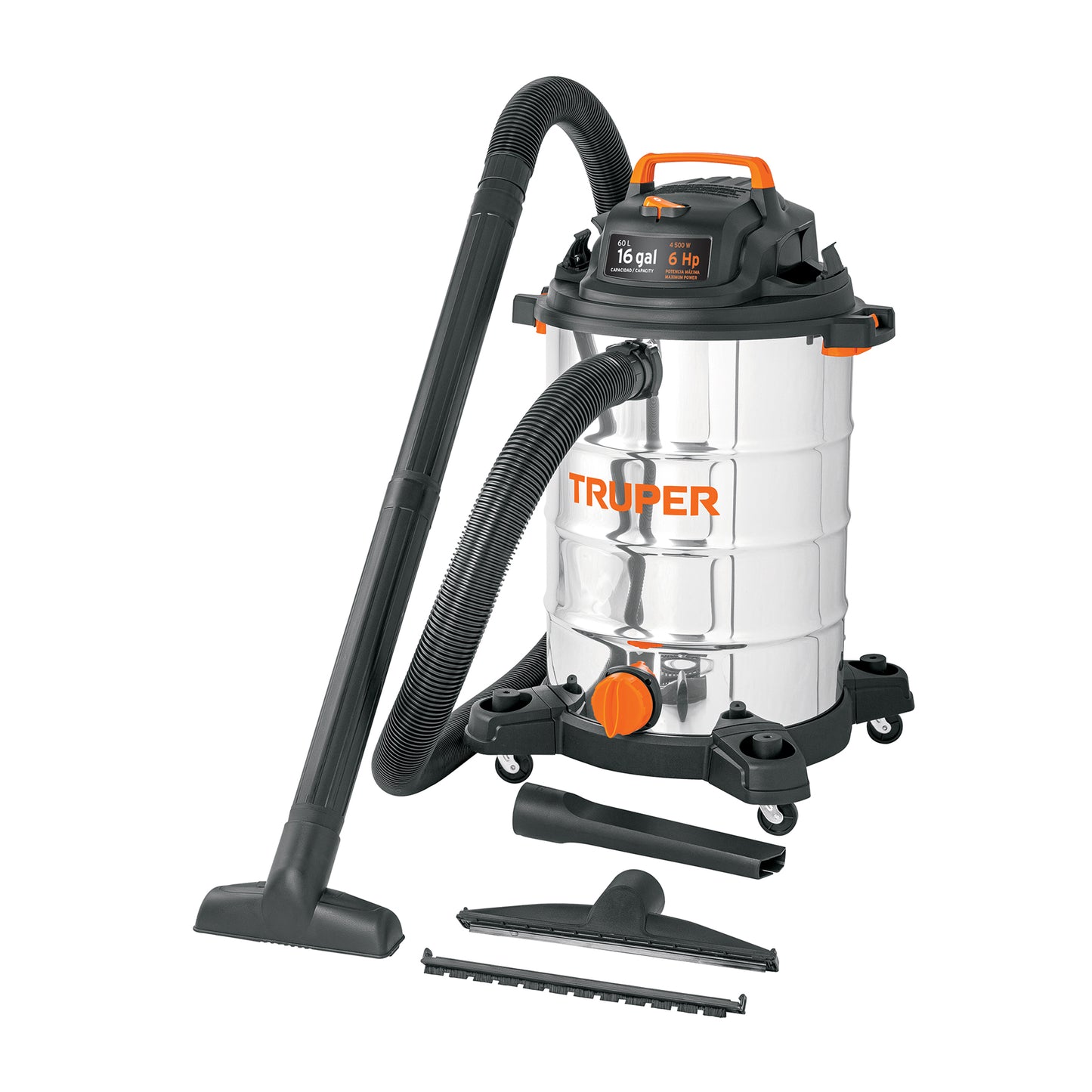 Aspiradora de sólidos y líquidos, 16 gal, acero inox, TRUPER