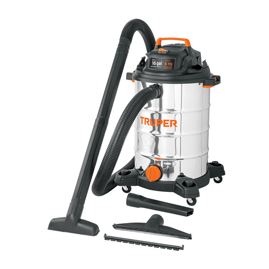 Aspiradora de sólidos y líquidos, 16 gal, acero inox, TRUPER