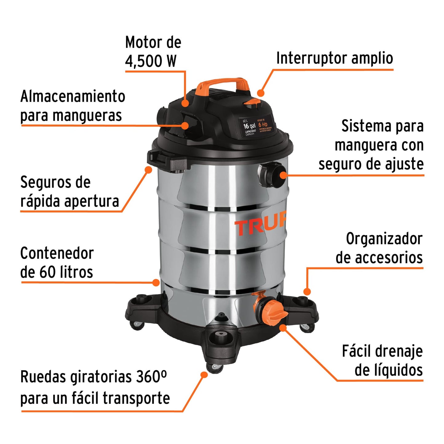 Aspiradora de sólidos y líquidos, 16 gal, acero inox, TRUPER