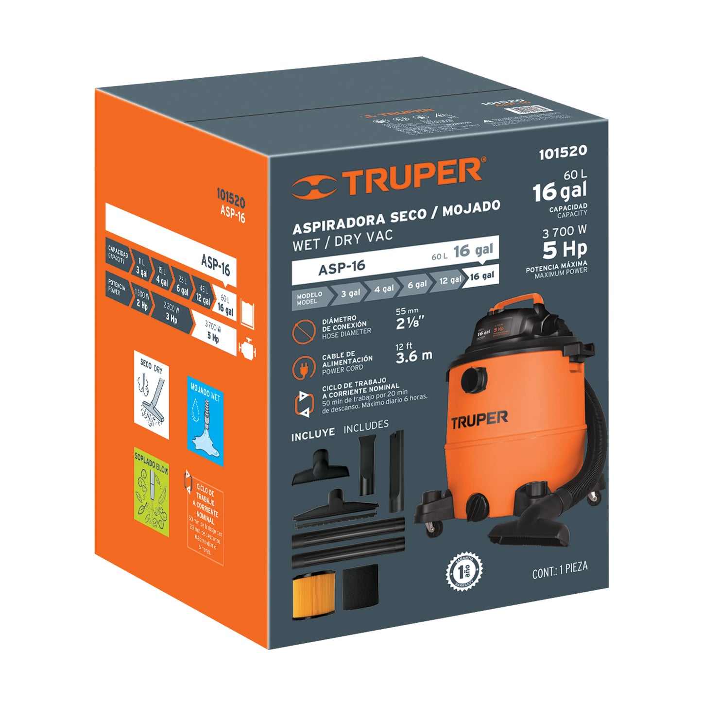 Aspiradora de sólidos y líquidos, 16 gal, plástica, TRUPER