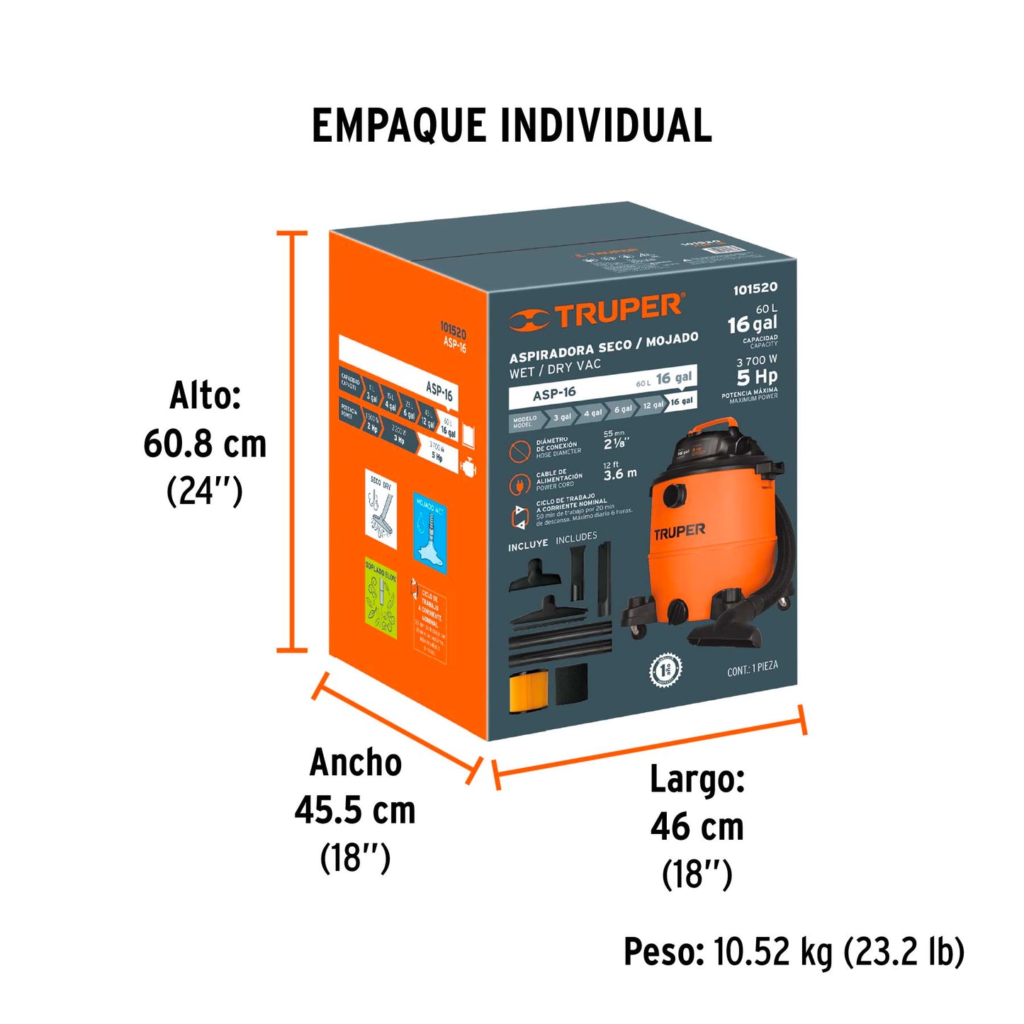Aspiradora de sólidos y líquidos, 16 gal, plástica, TRUPER