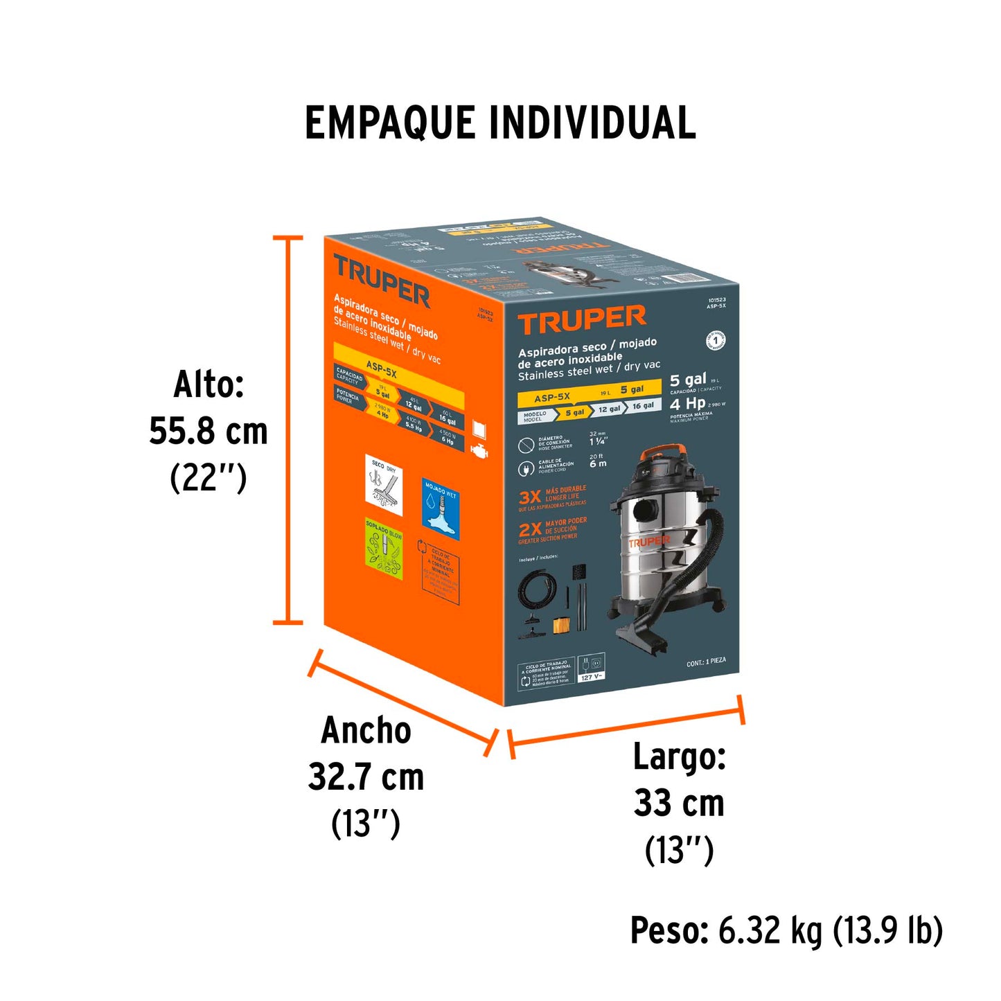 Aspiradora de sólidos y líquidos, 5 gal, acero inox, TRUPER