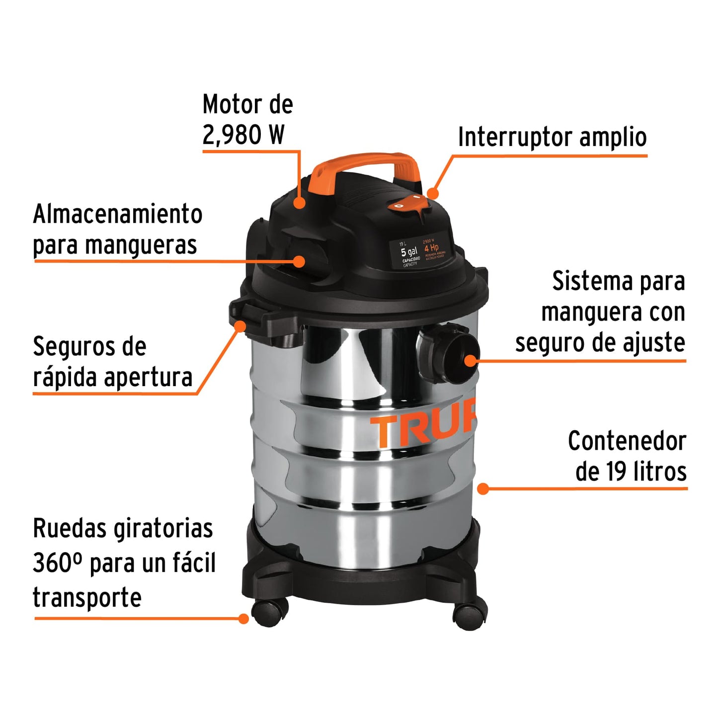 Aspiradora de sólidos y líquidos, 5 gal, acero inox, TRUPER