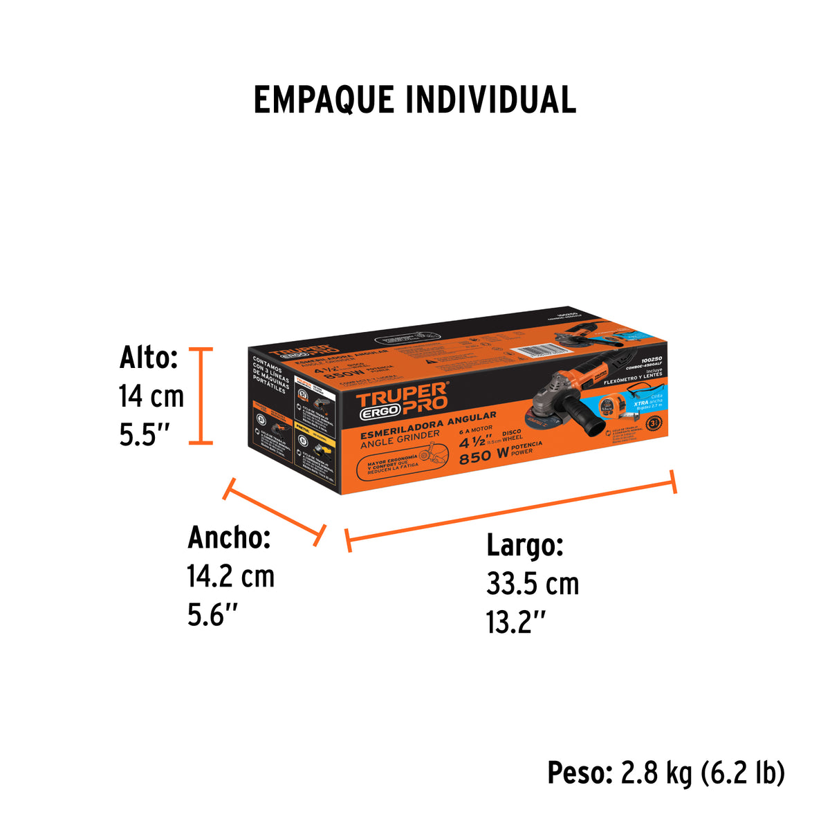 Combo esmeriladora 4-1/2", 850W,lentes y flexómetro,ERGO-PRO