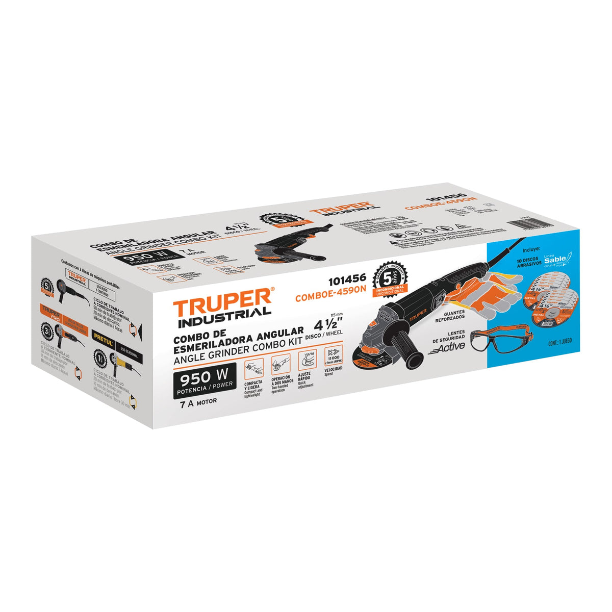 Combo esmeriladora 4-1/2",950W, discos, lentes y guantes,IND