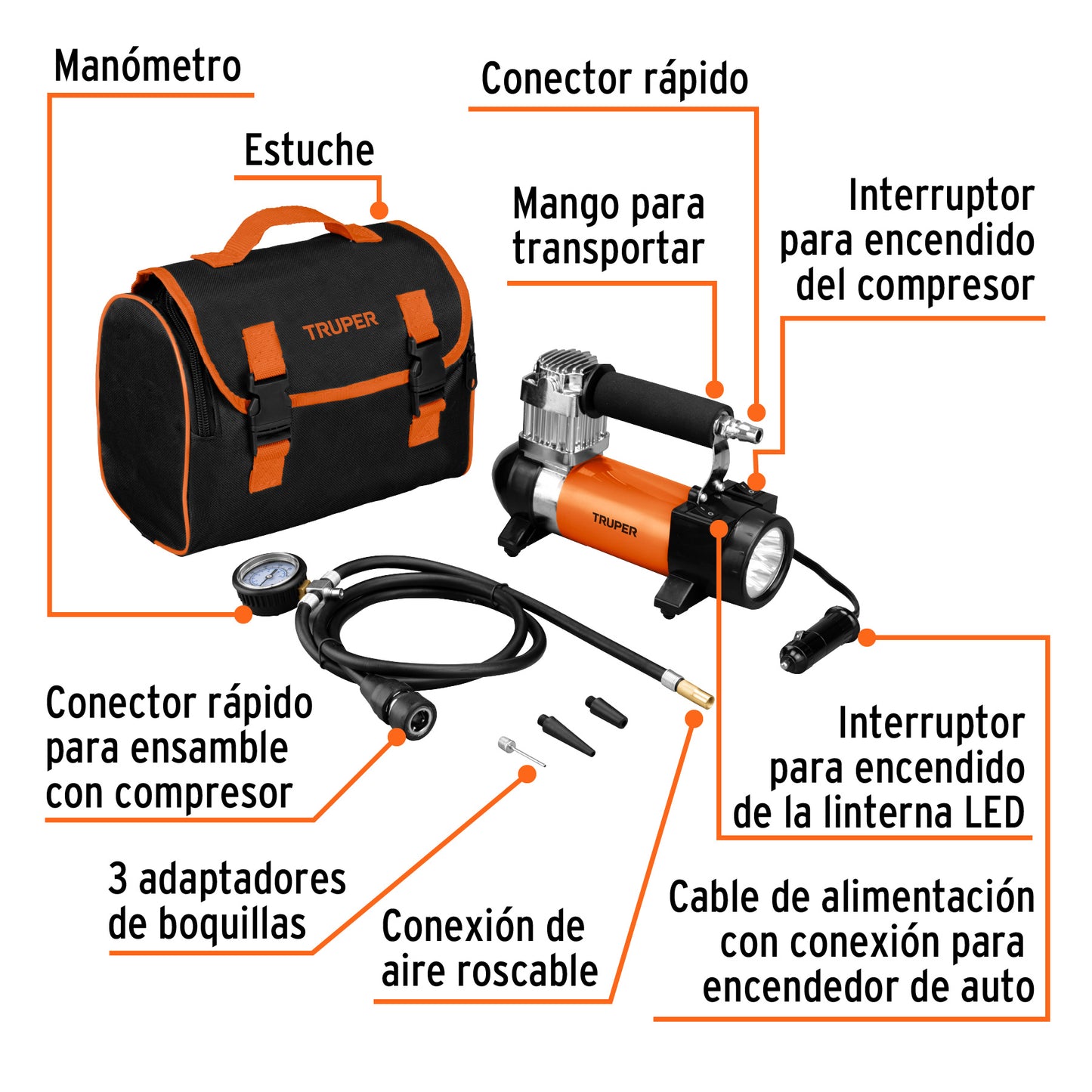 Compresor De Aire Para Carro 12v Con Maletín Truper Comp-12 19999 Color Naranja/negro