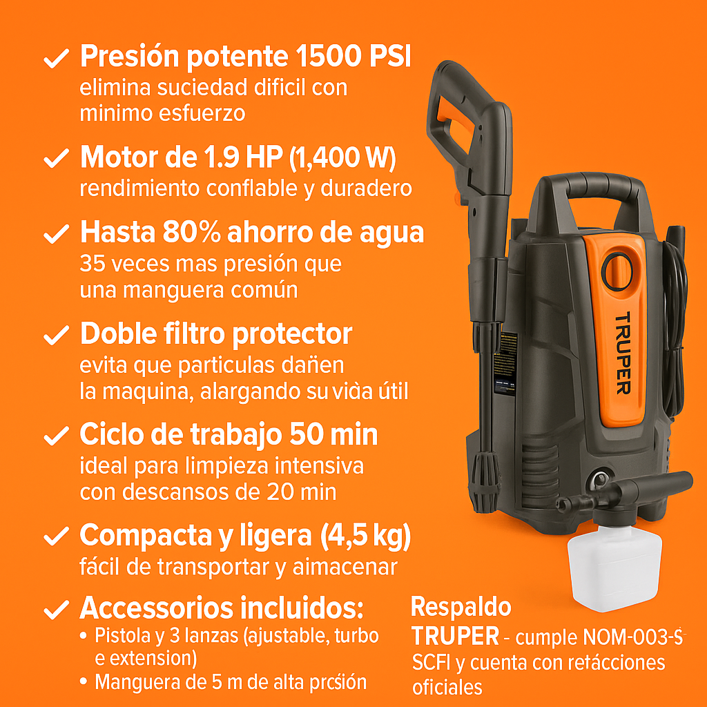 Hidrolavadora Portátil Truper 1.9 HP con Doble Filtro y 3 Lanzas 1500
