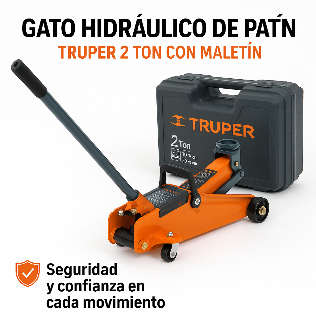 Gato hidráulico de patín 2t, 50 movimientos, maletín, Truper