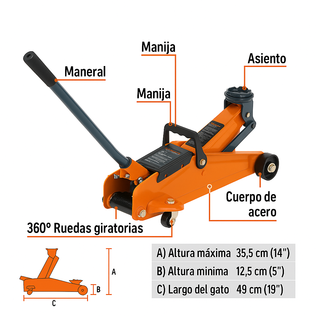 Gato hidráulico de patín 2t, 50 movimientos, maletín, Truper