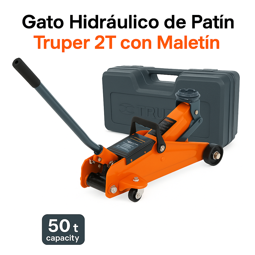 Gato hidráulico de patín 2t, 50 movimientos, maletín, Truper