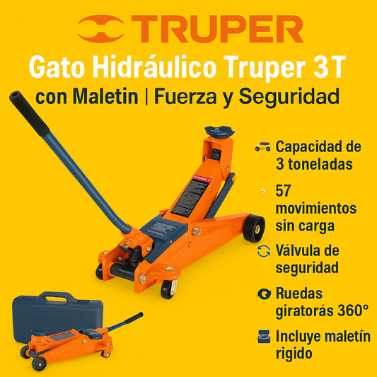 Gato Hidráulico Truper 3T con Maletín | Fuerza y Seguridad