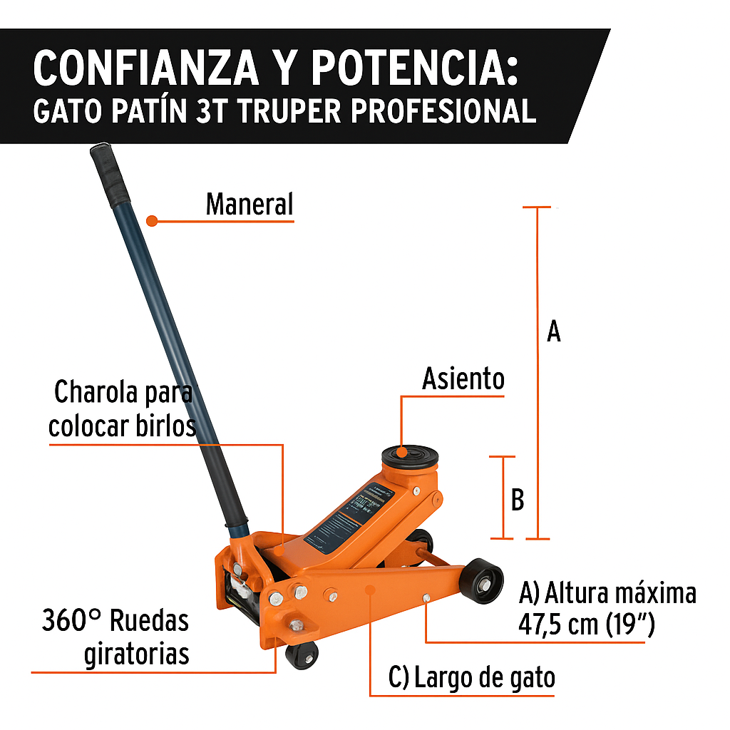Gato Hidráulico de Patín 3T Truper – Fuerza y rapidez pro