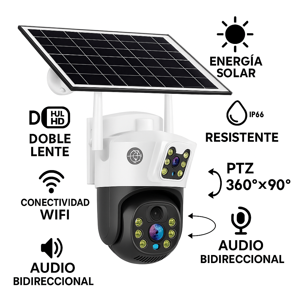 Cámara Solar Ptz 360° Wifi Doble Lente Exterior Seguridad Blanco