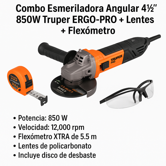 Combo esmeriladora 4-1/2", 850W,lentes y flexómetro,ERGO-PRO