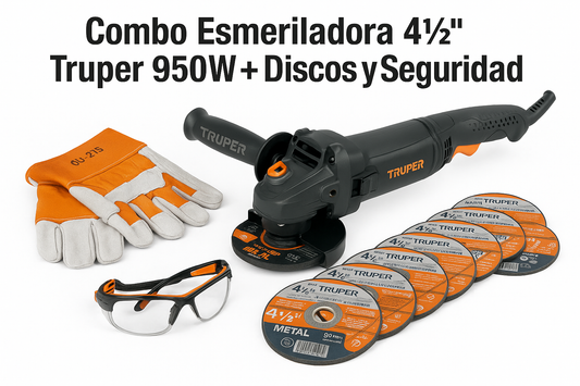 Combo esmeriladora 4-1/2",950W, discos, lentes y guantes,IND