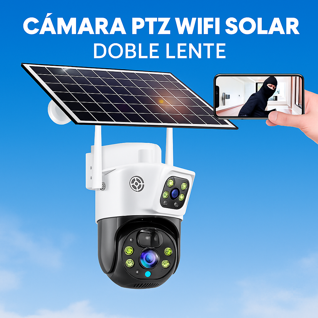Cámara Solar Ptz 360° Wifi Doble Lente Exterior Seguridad Blanco