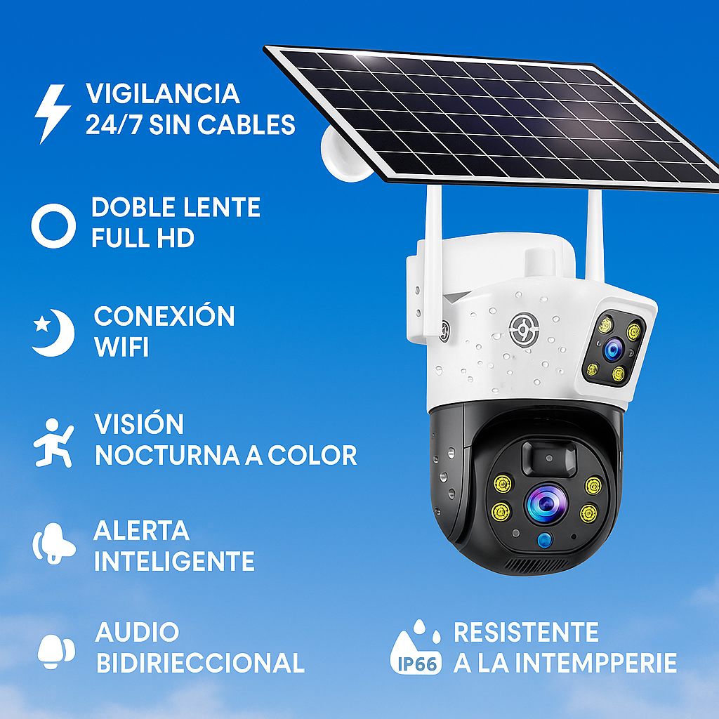 Cámara Solar Ptz 360° Wifi Doble Lente Exterior Seguridad Blanco