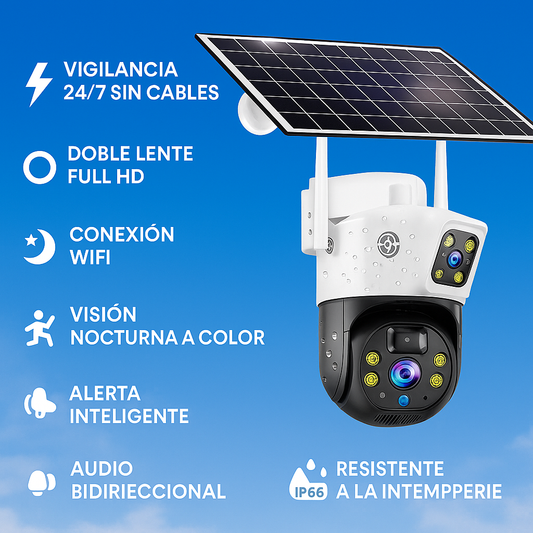 Cámara Solar Ptz 360° Wifi Doble Lente Exterior Seguridad Blanco