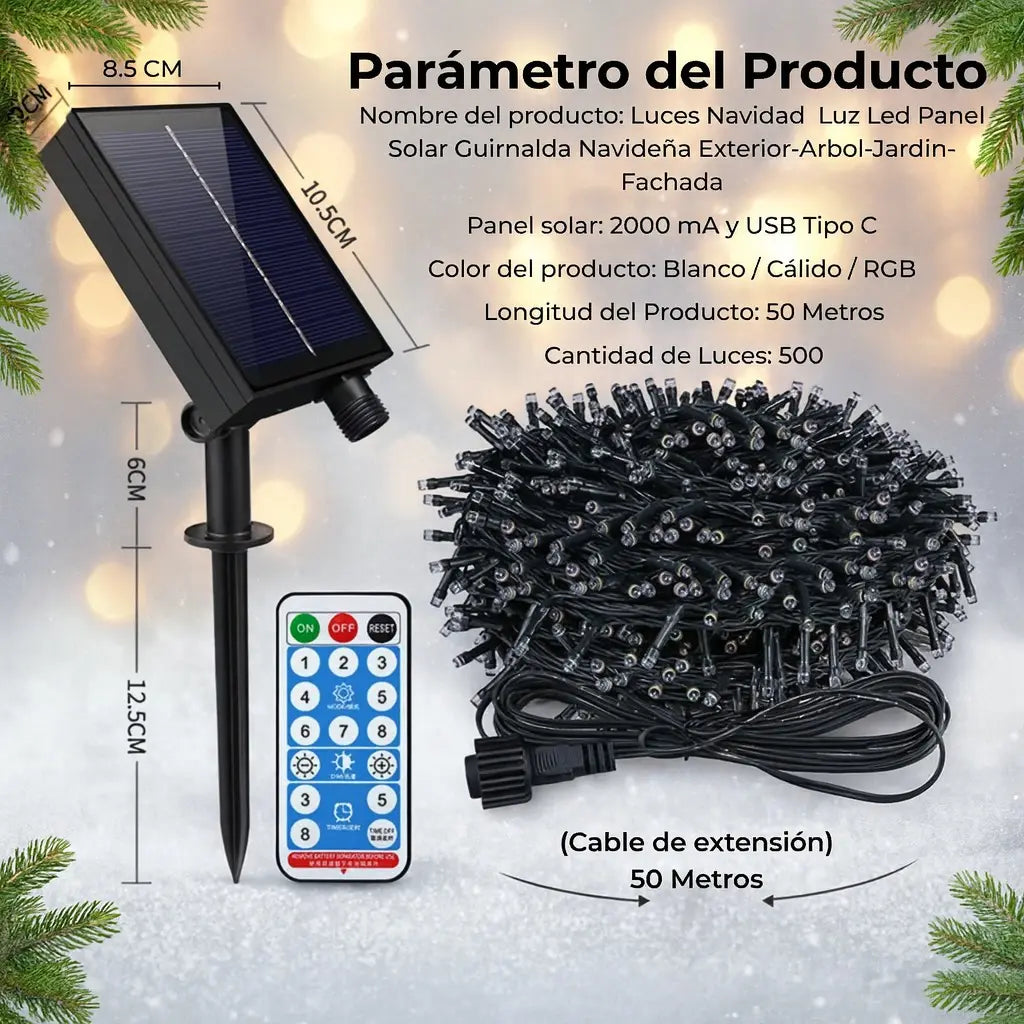 Guirnalda Solar LED 50m 500 Luces IP66 Con Sensor y Control Remoto