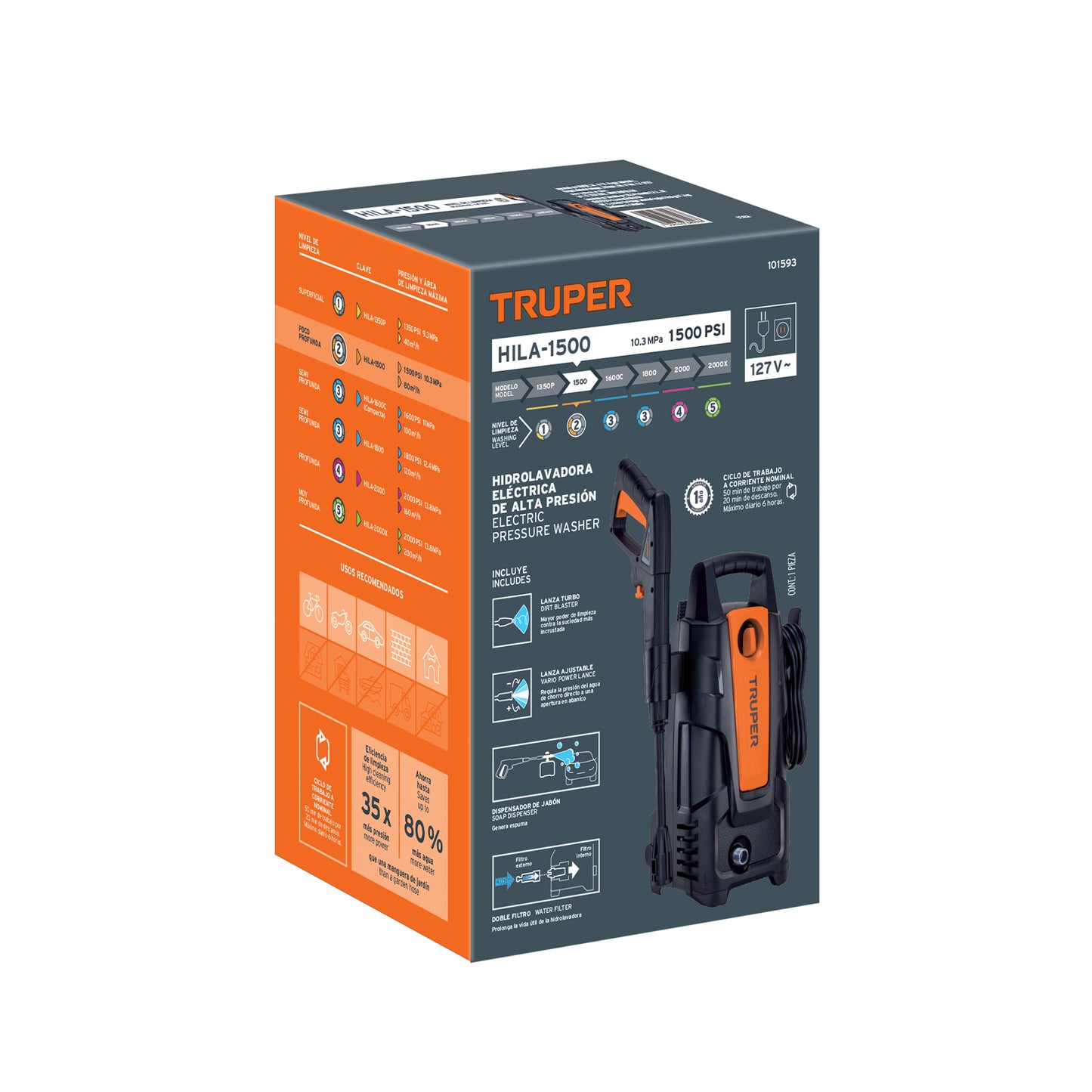 Hidrolavadora Portátil Truper 1.9 HP con Doble Filtro y 3 Lanzas 1500