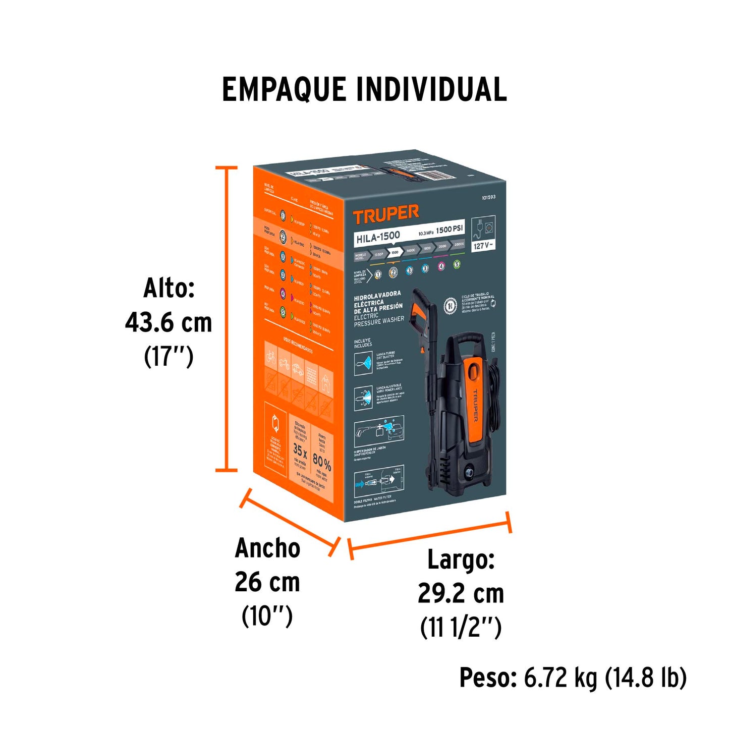 Hidrolavadora Portátil Truper 1.9 HP con Doble Filtro y 3 Lanzas 1500