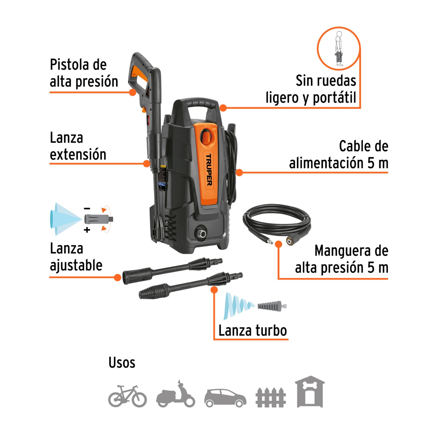 Hidrolavadora Portátil Truper 1.9 HP con Doble Filtro y 3 Lanzas 1500