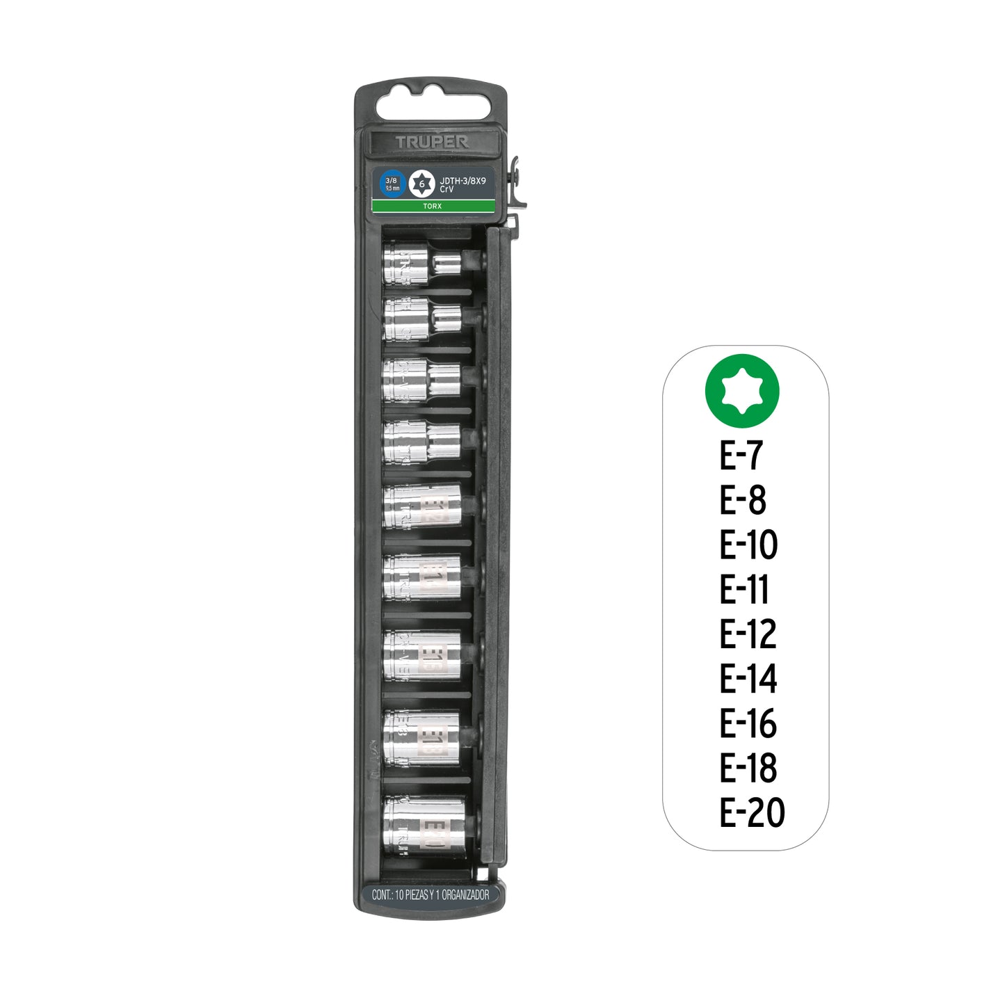 Juego de 9 dados cuadro 3/8" torx, Truper