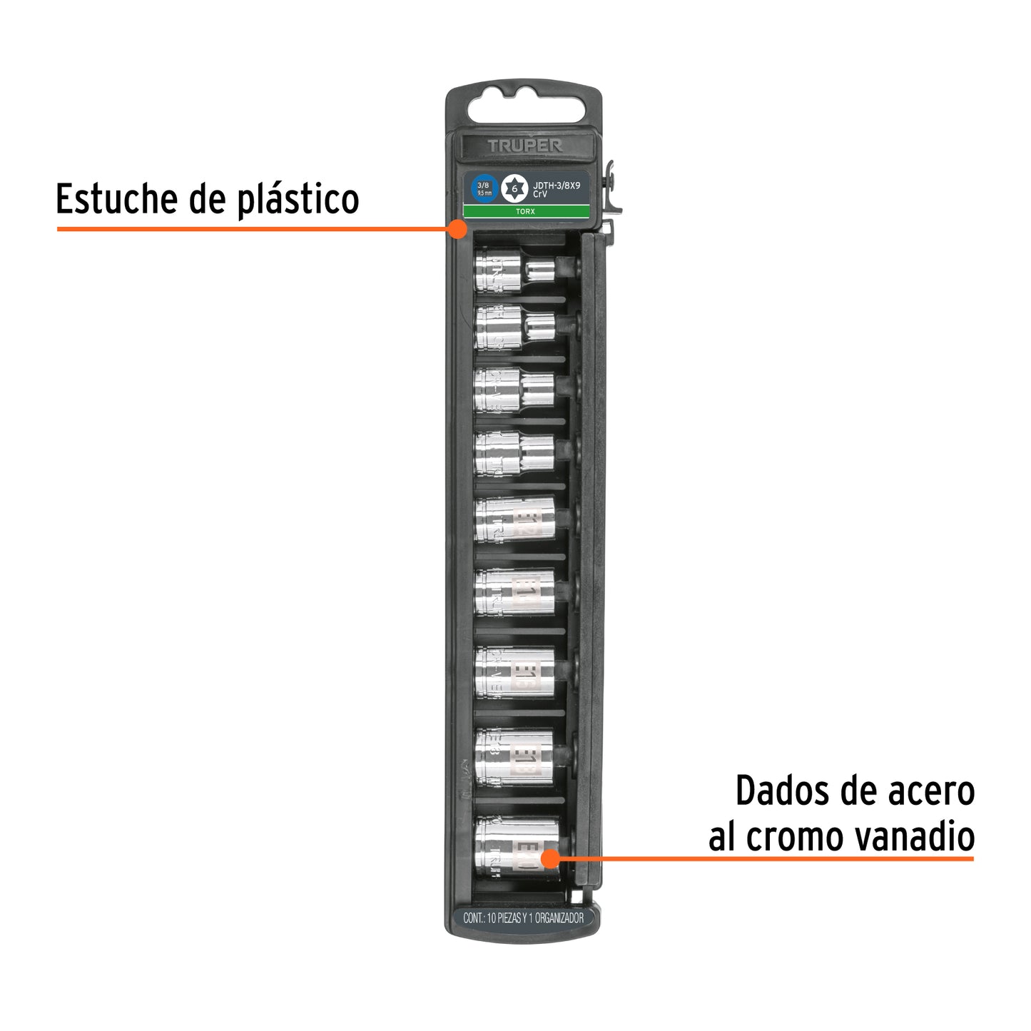 Juego de 9 dados cuadro 3/8" torx, Truper