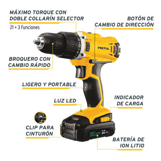 Rotomartillo 12, 20V, 1 batería 2Ah, PRETUL
