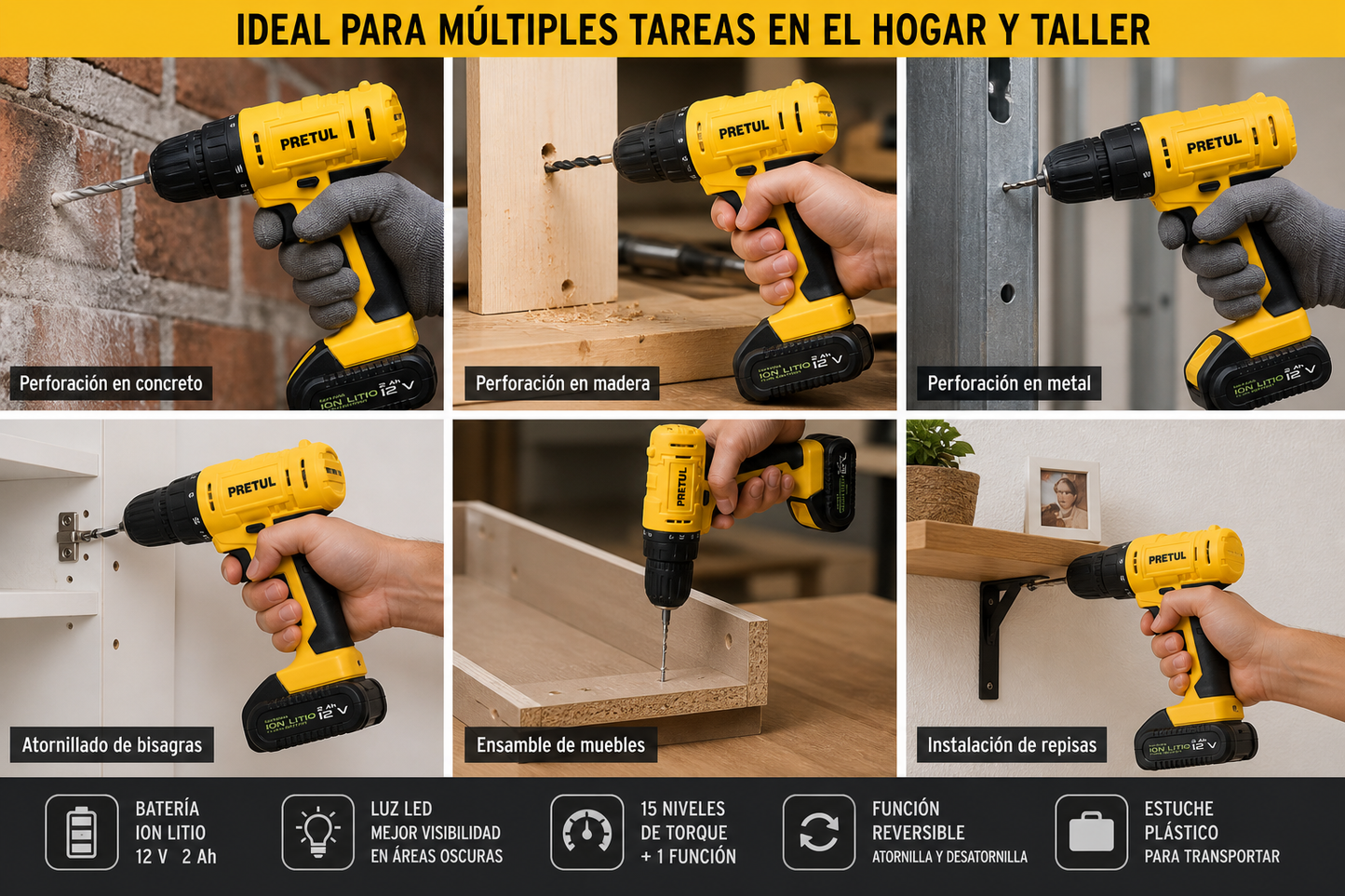 kit Taladro Pretul 12V Ligero Para Instalar Y Reparar