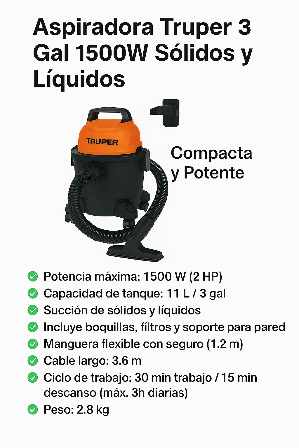 Aspiradora de sólidos y líquidos, 3 gal, plástica, TRUPER