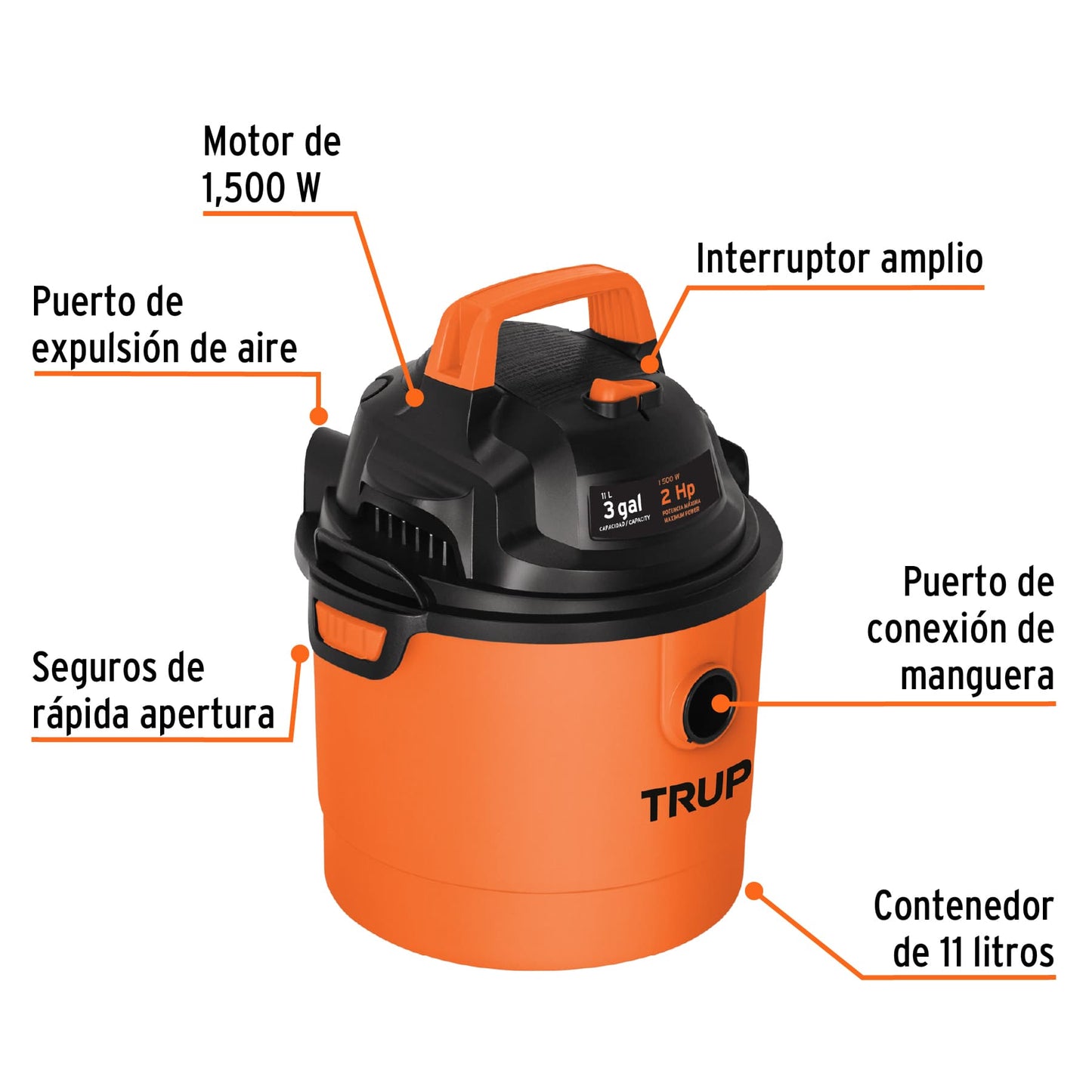 Aspiradora de sólidos y líquidos, 3 gal, plástica, TRUPER