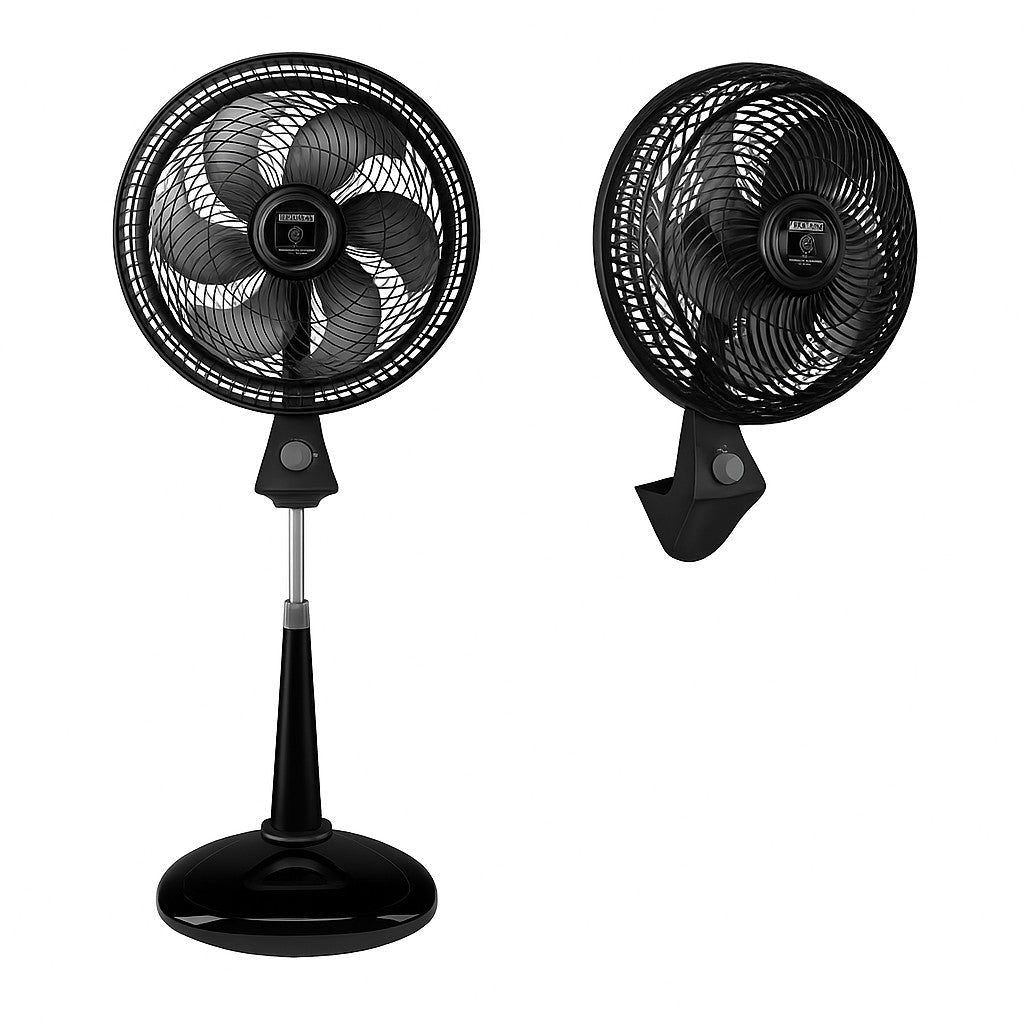 GalaxiaTel Electronics Samurai Silence Force Plus 2-in-1 black pedestal and wall-mounted fan with 3 speed settings.